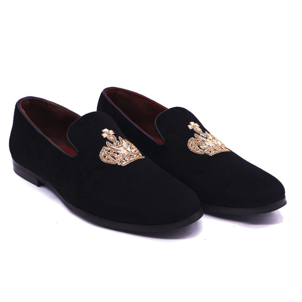 Royal Crest kingly Crown Zardosi Black Slip Ons | VLT EMB 0034