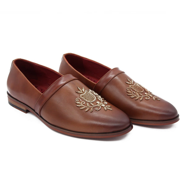 Mespad Burnt Tan Embroidered Mojari In Genuine Leather | LTR EMB 0159