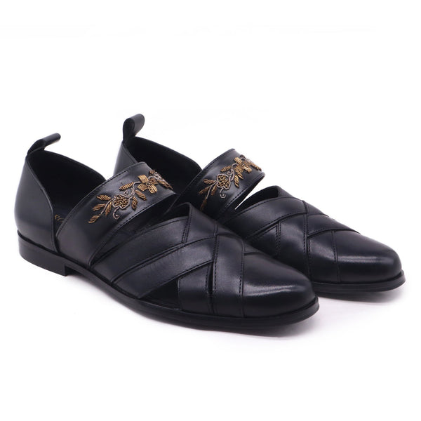 Classic Cross Sandals in black  ( Genuine Leather ) | LTR EMB 00010